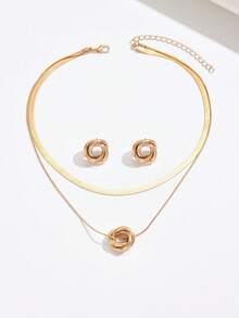 3 Peças Conjunto de Joias de Colar e Brincos Minimalista para Mulheres, Elegante Geometria de Círculo Duplo, Colar de Corrente Plana em Camadas, Chique e Versátil para Uso Diário - Dourado - Visão 3