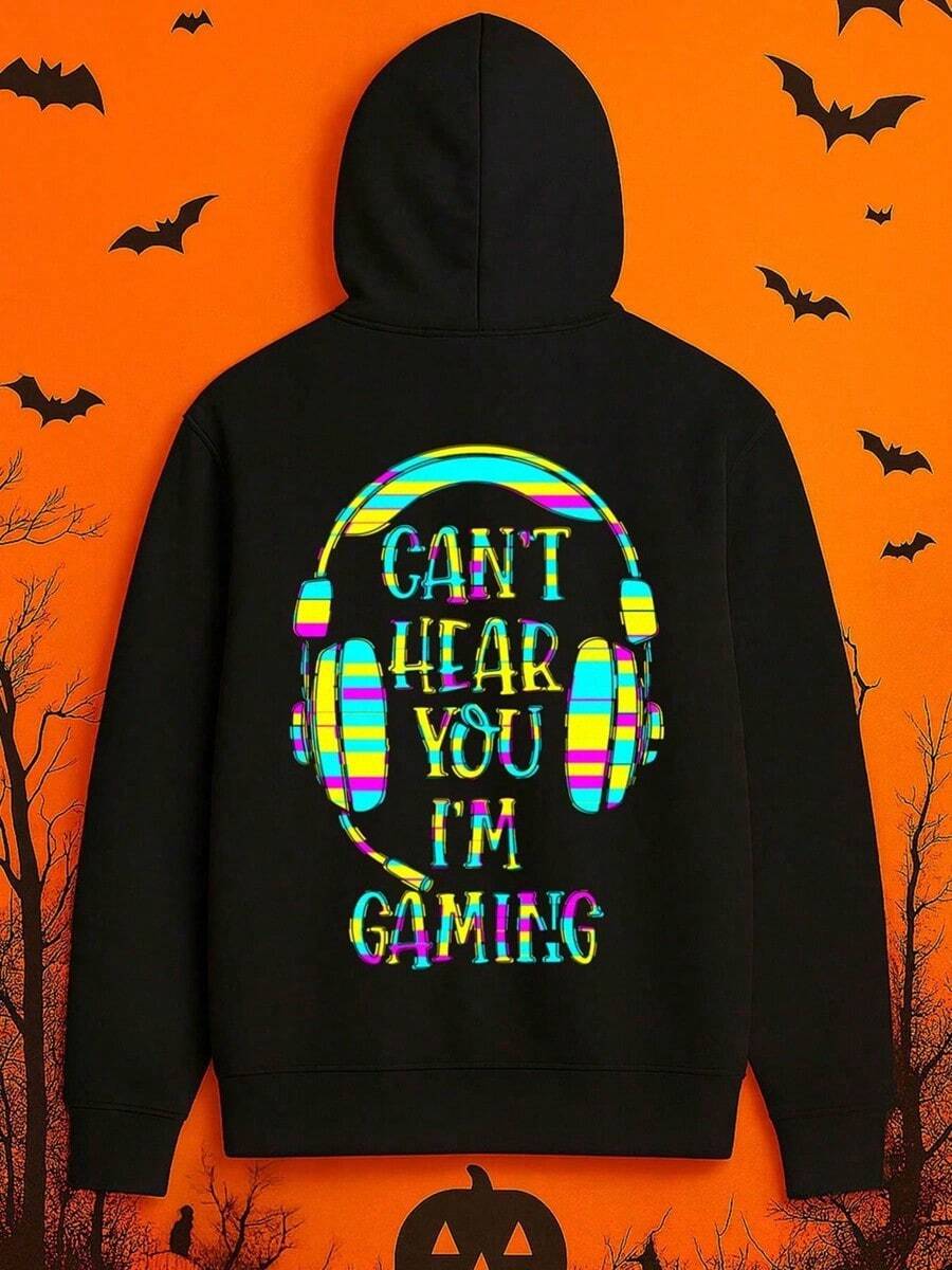 1 Pack Men'S Gaming Graphic Hooded Sweatshirt - Black With Neon Can't Hear You I'm Gaming Text & Headphones Design, Soft Comfortable Pullover For Casual & Formal Wear, Streetwear Gamer Apparel, Dufall Hoodies,Men's Fall Clothes,Street Wear,Halloween,Mens Hoodies,Y2k Clothes,Jesus Hoodie,Thanksgiving Day,Nightmare Before Christmas,Christmas,Basics,Christmas Sweatshirt,Thanksgiving Outfit Men,,Christmas Clothes,Winter Clothes For Men,Men Gifts - màu đen - Xem 1