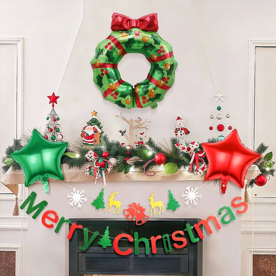Set de 4 piezas de decoración de globos navideños, incluye bandera navideña colorida, aro de globo en forma de árbol de Navidad, globo estrella de 18 pulgadas, adecuado para fiesta de Navidad, decoración de ambiente navideño, actividades y decoración de fiesta con tema navideño, fiesta de Año Nuevo, decoraciones para reunión familiar de Navidad