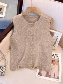1 Stück minimalistischer einfarbiger weicher und sanfter Metallknopf Dekor Strickweste, vielseitiger Rundhals Modepullover für Frauen, Herbst/Winter
