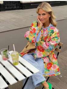 Women's Retro Colorful Floral Quilted Jacket, New Loose Round Neck Button Cardigan, French Vacation Style Top