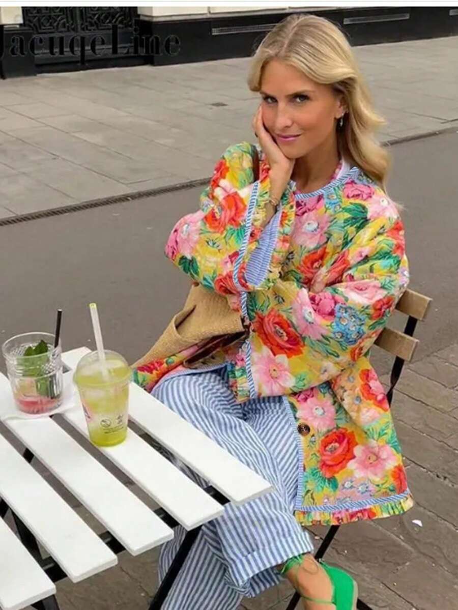 Women's Retro Colorful Floral Quilted Jacket, New Loose Round Neck Button Cardigan, French Vacation Style Top