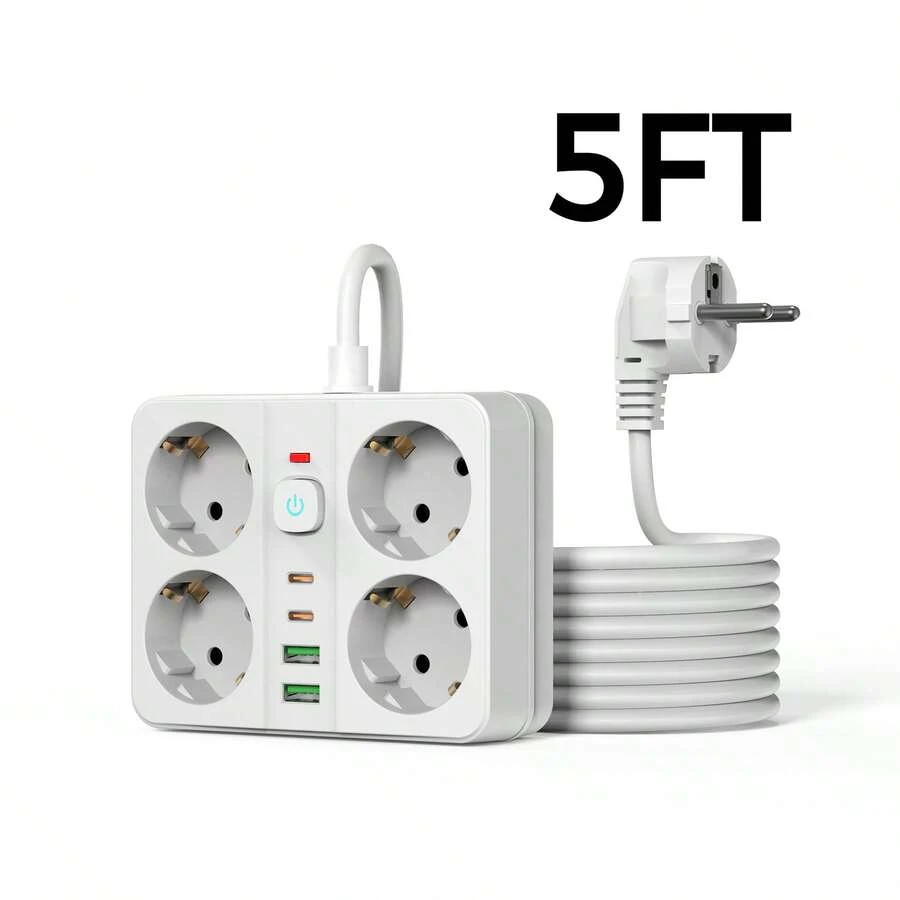 2025 秋冬新品 - 1 件套多插座电源板，带 USB 端口防浪涌保护，带过载保护的电源插座，4 个交流电源插座，2 个 USB-A 端口和 2 个 USB-C 端口，5 英尺/10 英尺延长线，适用于家庭、办公室、床边、旅行，黑白