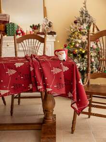 1 szt. Czerwony obrus świąteczny, prostokątny obrus, nadruk choinki, zmywalny, odpowiedni na stolik nocny, stolik kawowy, kredens, wystrój domu, wystrój pokoju, świąteczny obrus na przyjęcie, odpowiedni do kuchni, jadalni, kolacji, spotkań towarzyskich, imprez, urodzin, świąt, noworocznych, dekoracji świątecznych, dekoracji jesiennych