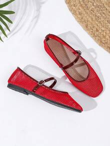 Giày ba lê lưới cho nữ, mũi vuông thoáng khí, đế mềm thoải mái thời trang - Đỏ - Xem 6