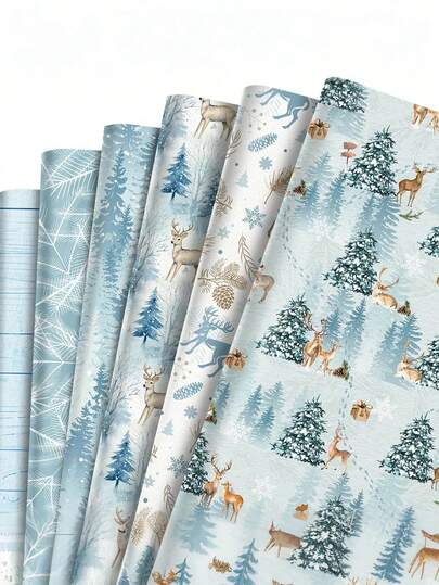 12pcs/6pcs Christmas Wrapping Paper, Winter Reindeer Gift Wrapping Paper, Loose Folding Flat Blue Christmas Tree Decoration DIY Kraft Paper, 20 X 28 Inches, Artistic Handicrafts, Suitable For Winter Vacation, Family Gatherings, Christmas Design Gift Wrapping Paper, Christmas Party Supplies, Christmas Winter Party DIY Handicrafts