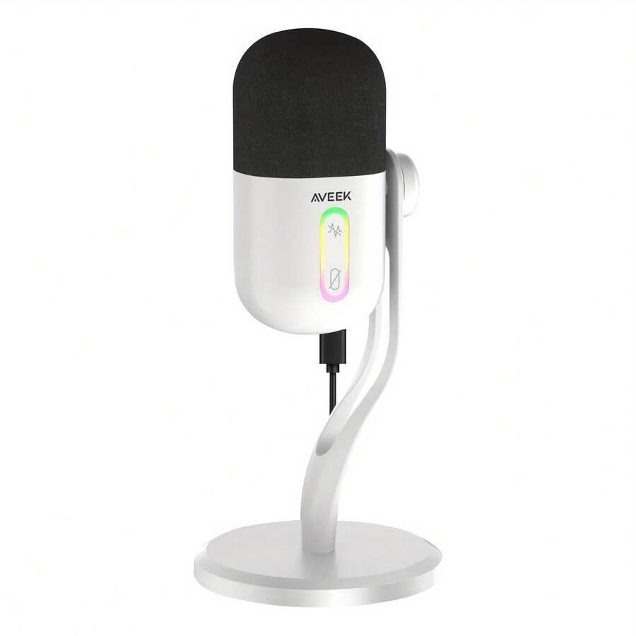 Aveek Gaming Microphone, USB Computer Mic For PC, Condenser Podcast Microphone For Studio Recording,, Live Streaming With Headphone Jack, LED Light, Mute, And Noise Reduction - 白色 - 查看 1