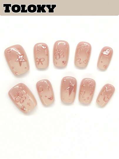10pcs Handmade Press On Nails Short Nails Square Nails Tips Pink Star Cute Hand-Painted With 3pcs Nail Art Tools Nail Glue Nail Supplies Fake Nails For Women And Girls To Party Travel Daily School Loving Heart Bowst Press On Nail Charms Press On Nails Short Fake Nails Nail Accessoriesnail Art