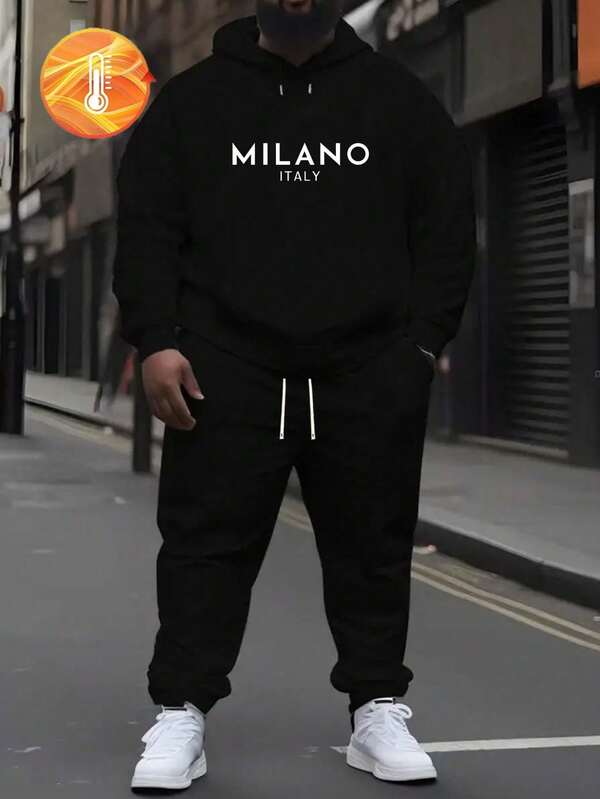 Plus Size Men's Letter Print Casual Hoodie & Pants Set, Fall Clothes Winter, Cozy Outfits