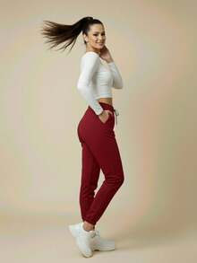 Women's Plush Jogger Sweatpants With Drawstring And Pocket | Winter Pants, Cold Weather Clothing, Comfortable, Warm, Casual, Thermal - 紫紅色 - 查看 8