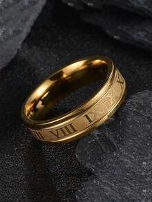 1pc Punk Style Men's Simple Stainless Steel Roman Numeral Band Ring, Suitable For Daily Match, Party, And Valentine's Day Gift - Yellow Gold - View 7