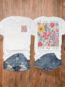 Women's T-shirt in plus size with "floral" double-sided printing, 220g pure cotton white T-shirt, slightly elastic short sleeved, suitable for Halloween party wear and autumn casual wear - Blanco - Ver 1
