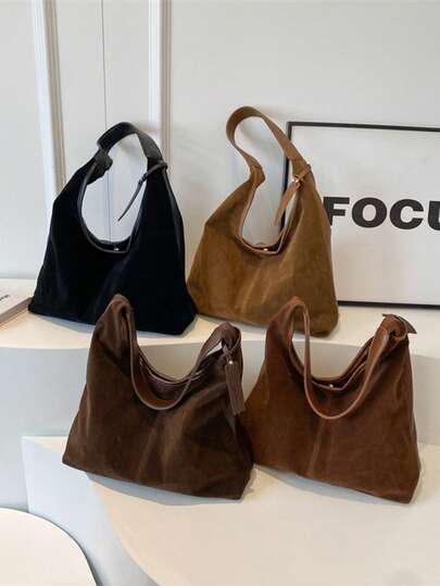 Vintage Suede Large Capacity Casual Shoulder Tote Bag, Letter Embossed Leather Patch Decor, Patchwork Color Block Handbag, Elegant Versatile Commuter Tote Bag For Women, Autumn