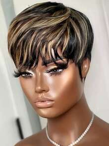 1B/27 短款精灵短发假发 真人发 无胶 巴西真人发假发 适合日常佩戴 适合所有季节的女士全机假发 - 間色 - 查看 8