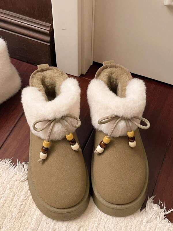 Modische und bequeme Flache Damen Stiefel mit rutschfester Sohle, 2025 Winterkollektion Warme Plüsch Kurzstiefel mit Schleife und Perlen-Fellbesatz
