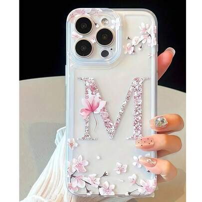 1 pieza Funda de teléfono transparente con amortiguación de golpes y Body completo, compatible con iPhone 17 16 15 14 13 12 11 Pro Max, A55/54/53/52/51, S25/24/23/22/21 Ultra, con letra M floral personalizada