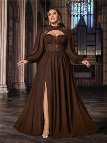 Stunning Plus Size Women Solid Color Lace Splicing Long Sleeve Bodice Chiffon Gown Dress, Valentine's Day - Chocolate Brown - View 3