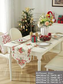 1pc Polyester Mesh Fabric Christmas Table Runner With Chain Embroidery, Christmas Flowers, Candles, Bells And Other Christmas Elements, European Style, Suitable For Kitchen, Dining Table, Desk, Coffee Table, Cabinet, Home Decor, Indoor & Outdoor, Party, Wedding Decorations, Multiple Sizes Available