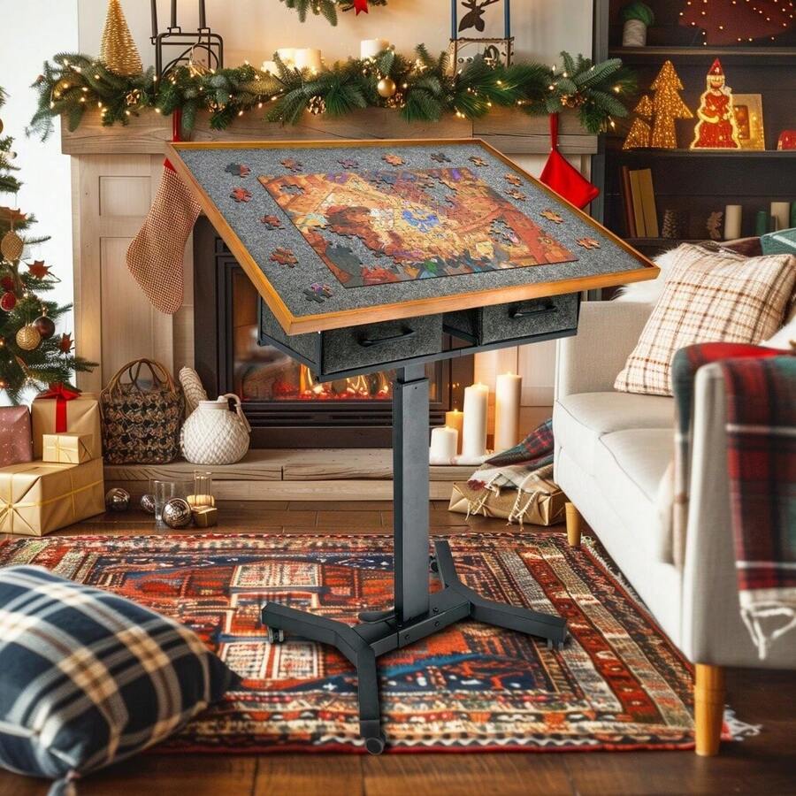 UNHO Jigsaw Puzzle Table Freestanding Table With Drawers With Adjustable Jigsaw Puzzle Board, Rotating Wheels - Brown - View 1