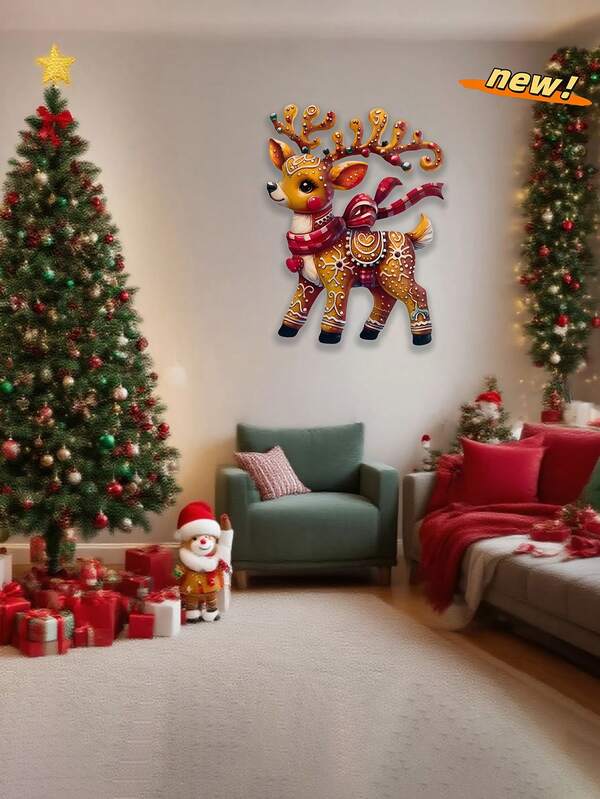 1 pieza Nuevo adorno navideño de reno de madera para colgar en la pared - Estilo rústico en forma de L con diseño de pan de jengibre, patrón rojo y dorado, decoración navideña vintage para interiores y exteriores, material de metal duradero, regalo de Navidad perfecto para la chimenea o la entrada