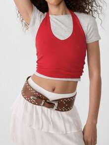 1 pieza Cinturón elástico de cintura sólido con moño de strass, adecuado para body brillante de mujer, versátil para uso diario, regalo de Navidad, todo el año