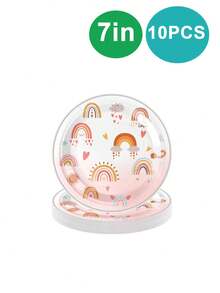 10pcs Pink Bohemian Rainbow Birthday Plate And Napkin Party Cutlery Set, Includes 7 In/9in Paper Plate, 9OZ Paper Cup, For Birthday Parties