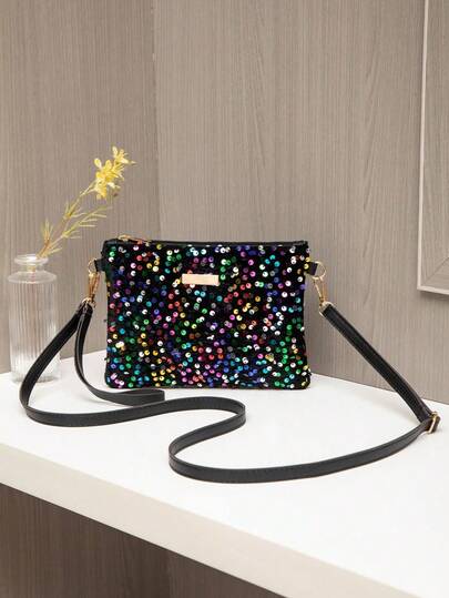 1pc Sequin Sequins Women's Shoulder Bag, Fashion Minimalist Versatile Crossbody Bag, Shoulder Bag, Clutch, Envelope Bag, Rainbow Striped Straw Bag, Lightweight Business Casual Water Drill Decor Drawstring Bucket Bag, Transparent Fashionable Pearl Bag, Evening Bag, Elegant, Exquisite, Quiet Luxury Water Drill Suitable For Party Girls, Ladies, Brides, Perfect For Party, Dinner/Banquet, Christmas Party Dress