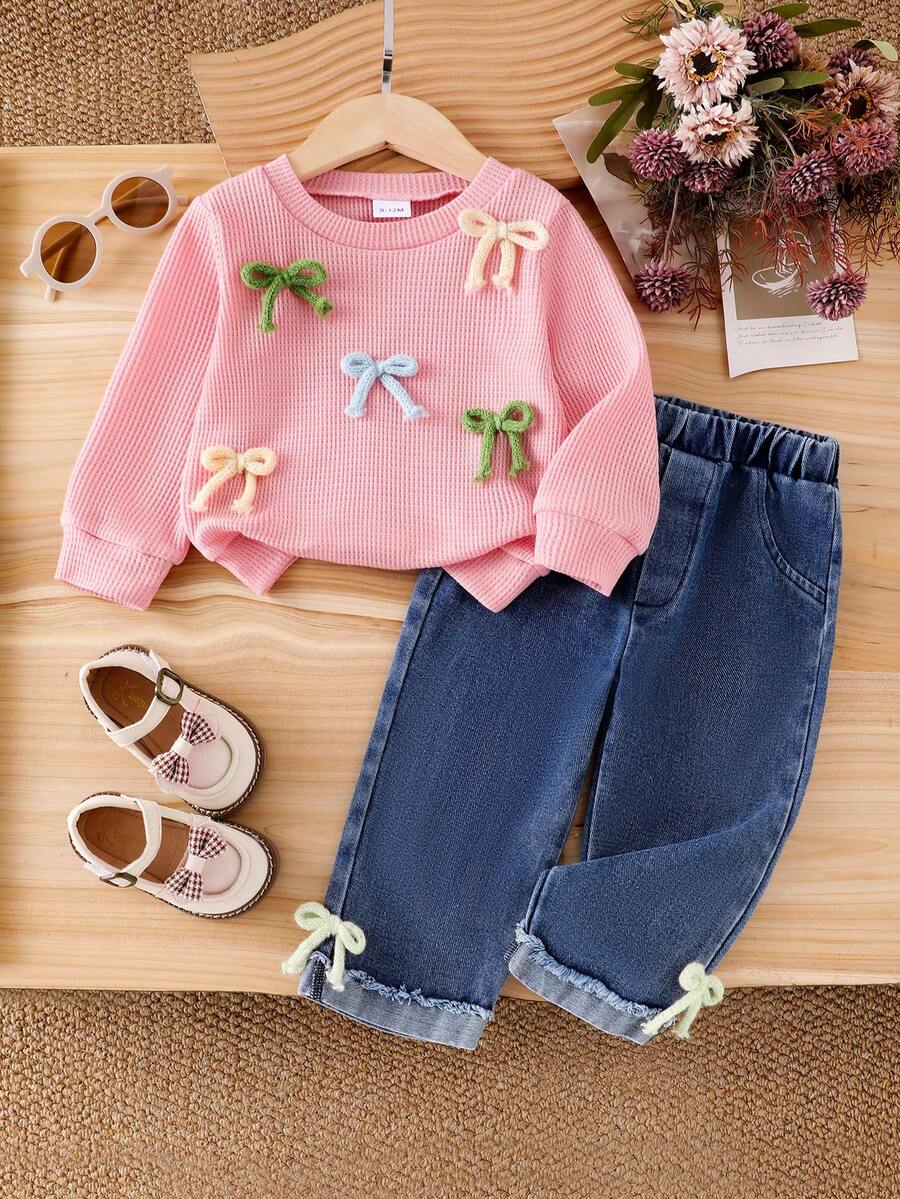 2pcs Baby Girl Casual Set, Includes Round Neck Long Sleeve Top With 3D Bow Decor And Elastic Waist Jeans With 3D Bow Trim Cuffs, Suitable For Spring And Autumn - Pink - View 1