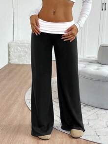 Fold Over Yoga Pants For Women Wide Leg Workout Sweatpants Y2k Striped Lounge Pants - 黑色 - 查看 2