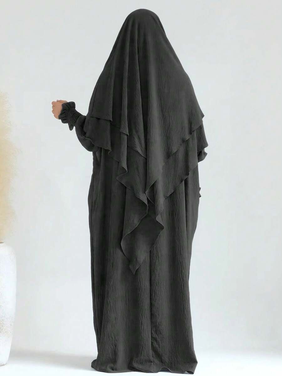1 Set de Hiyab musulmán de doble capa elegante con buena privacidad, suave y cómodo + Vestido musulmán con diseño de manga elástica, Abaya clásica y versátil (Vestido + Hiyab)
