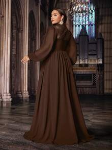 Stunning Plus Size Women Solid Color Lace Splicing Long Sleeve Bodice Chiffon Gown Dress, Valentine's Day - Chocolate Brown - View 2