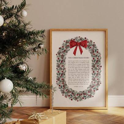 1pc The Christmas Story Luke 2 Jesus Art Wall Art Picture Nativity Bible Verse Prints Canvas Paintings Red Bow Seasonal Posters Christian Vintage Scripture Decor For Living Room,Bedroom Or Farmhouse Room Decor Gift For Her Unframed Or Framed
