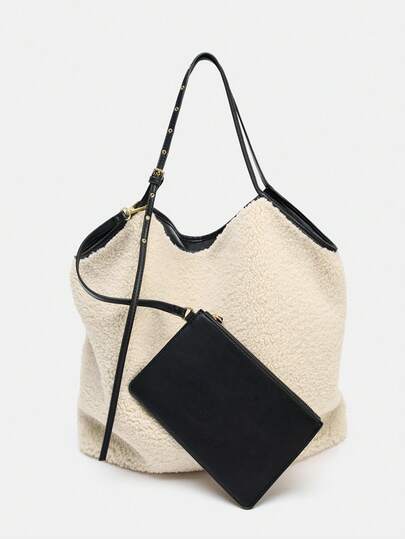 New Autumn/Winter Women's Bag, Reversible Faux Shearling Effect Tote Bag, Large Capacity Shopping Bag