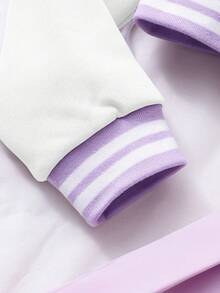 Tween Girl Letter Graphic Contrast Color Sporty Campus Style Baseball Jacket And Pleated Mini Skirt Casual Set - Purple - View 6