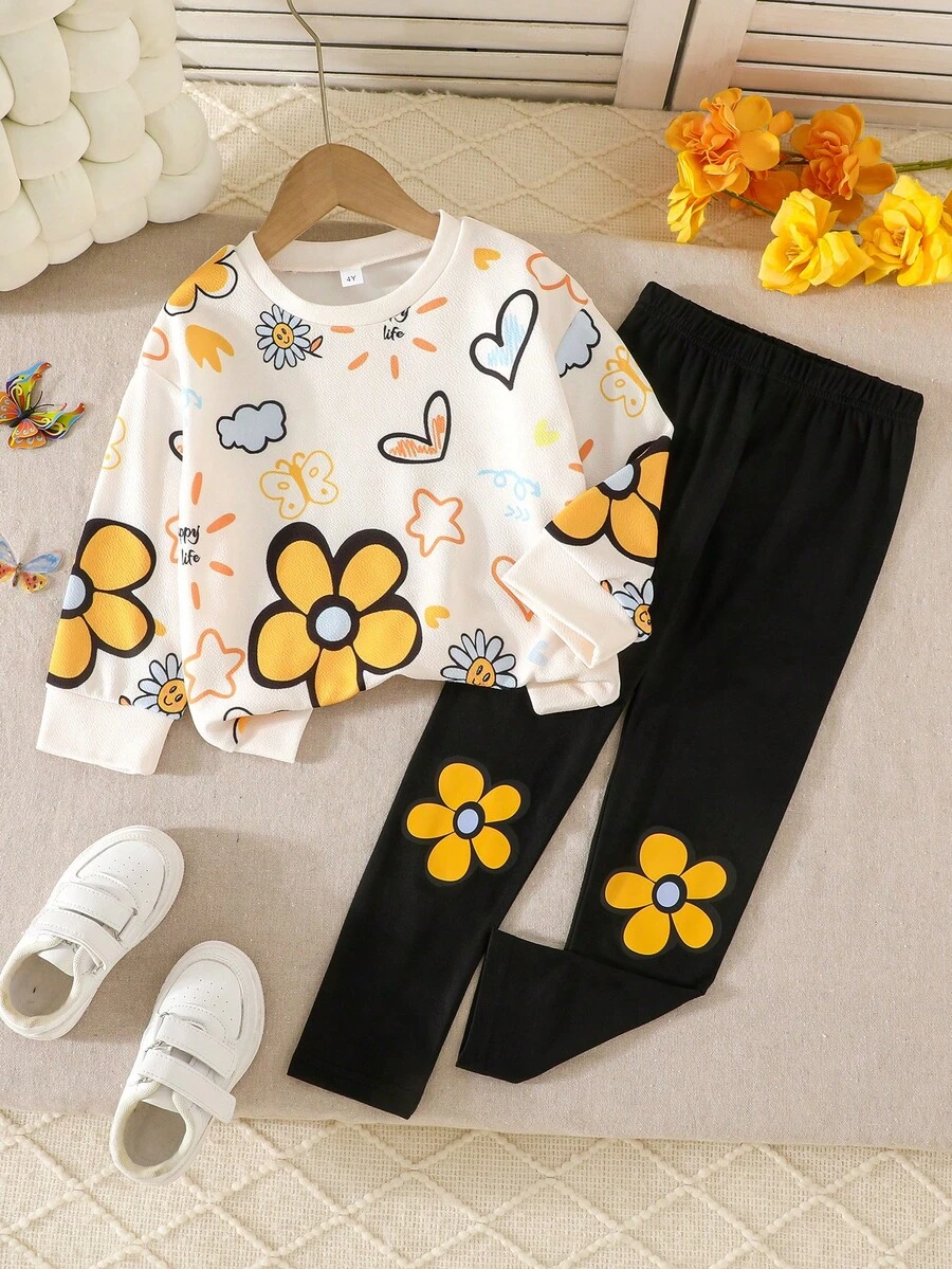 Bộ 2 món áo và quần họa tiết thường ngày thanh lịch, thời trang dành cho bé gái - Màu vàng - Xem 1