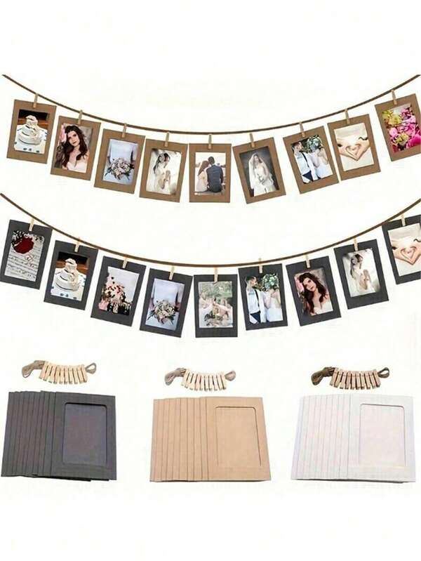 21pcs/Set Vintage Paper Photo Frames, Flag Banner Home Decor With Clips And Jute Rope, Suitable For Wedding, Anniversary, Birthday, Holiday Party, Home Decor, Desktop DIY Decoration (10 Frames + 10 Clips + 1 Jute Rope)