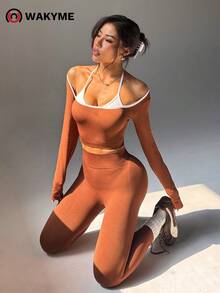 WAKYME 女士休闲运动两件套，露肩长袖上衣+无缝紧身裤 - 棕色 - 查看 6