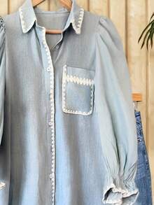 1 Women's Autumn/Winter Vintage Shell Trim Decorative Button-Down Shirt, Ruffled Long Sleeve Top - Suitable For Autumn/Winter, Machine Washable - 淺藍色 - 查看 2