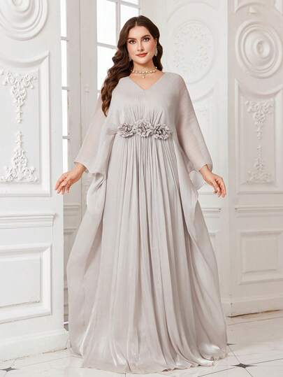 UNITHORSE Vestido maxi de noche, dama de honor y fiesta de UNITHORSE Plus para mujeres con cuello en V, manga larga, cintura única con efecto brillante similar a las células fotovoltaicas y decoración de flores 3D