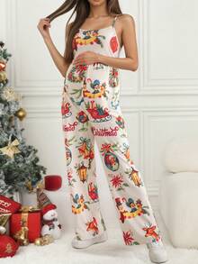 孕妇圣诞印花荷叶边吊带无袖高弹力涤纶连体裤 - 彩色 - 查看 4