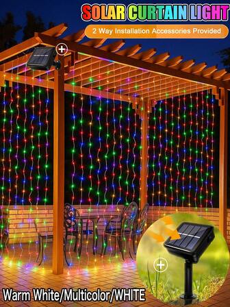 Luces de cortina de cuerda LED alimentadas por energía solar - 8 modos de iluminación, alambre de cobre resistente al agua para exteriores, luces de cuerda solares para decoración de balcón y jardín - perfectas para Navidad, cumpleaños, bodas, Halloween, Año Nuevo (blanco cálido, multicolor, blanco)