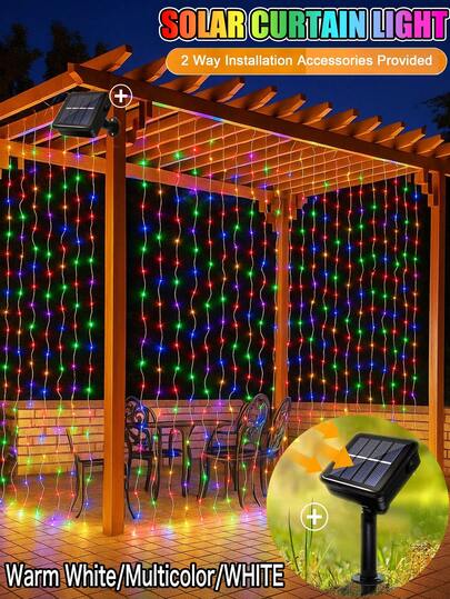 太阳能 LED 窗帘灯串 - 8 种照明模式，户外防水铜线，适用于阳台和花园装饰的太阳能灯串 - 非常适合圣诞节、生日、婚礼、万圣节、新年（暖白、多色、白色）