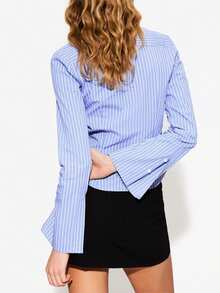 Womens Button Down Shirts Long Sleeve Stripes Print/Solid Color Slim Fit Tops Work Blouse - Azul - Ver 4