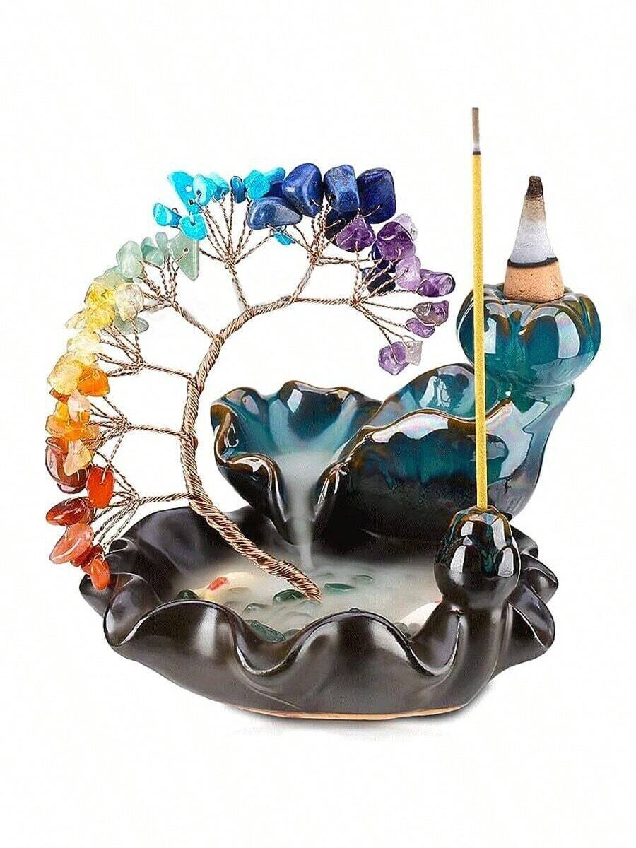 1pc Waterfall Incense Burner, Ceramic Incense Holder With Rose Quartz Crystal Tree, For Yoga Meditation And Home Decor, Air Purifying, Gift For Mom