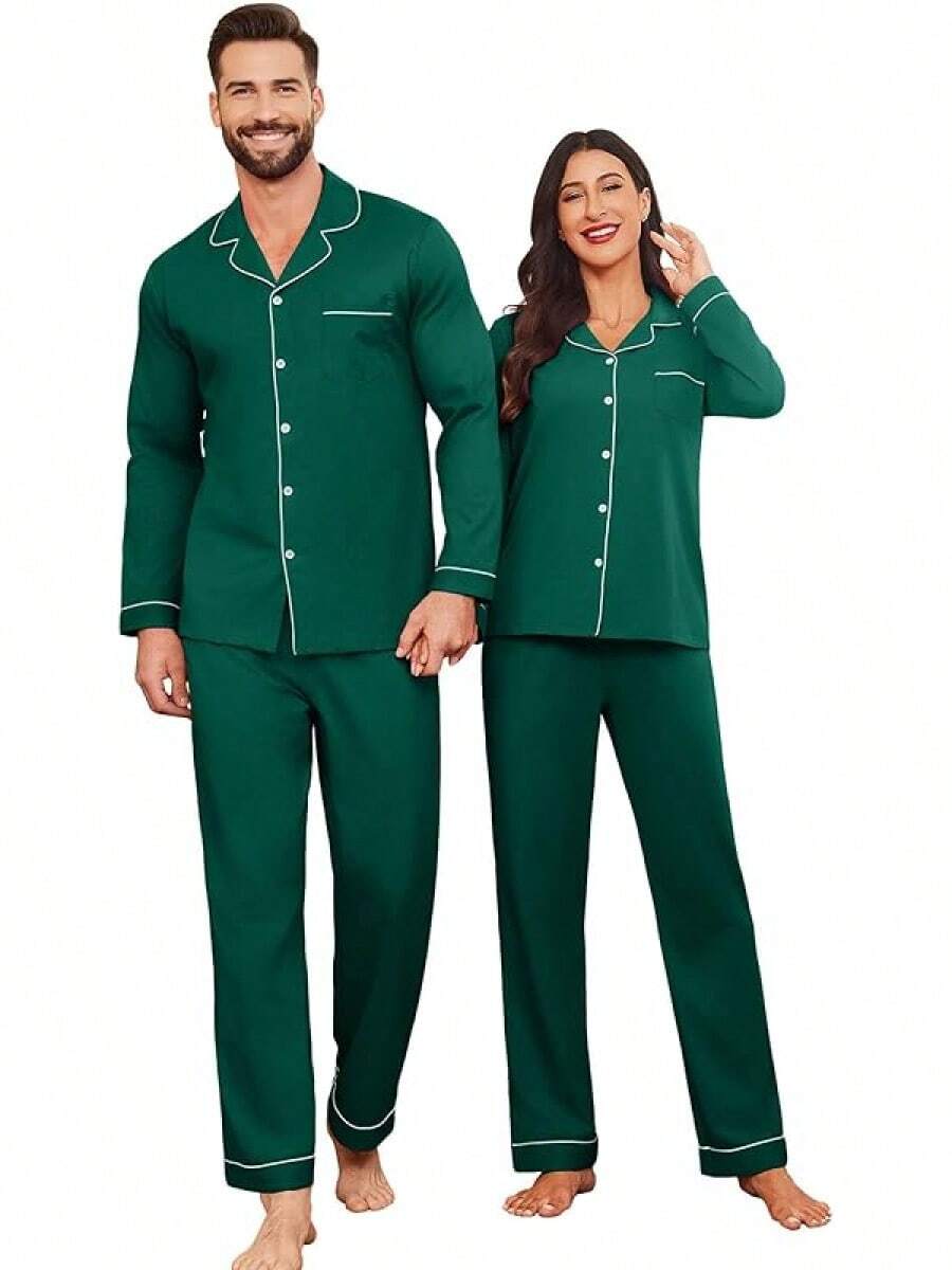 Couple Matching Pajamas 100% Cotton Long Sleeve Sleepwear Button Down Loungewear Pjs Set S-XXLhalloween - Hijau - View 1