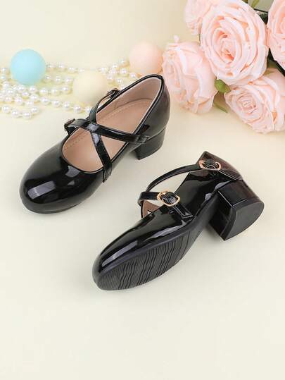 Flower Girl Shoes For Wedding, Party, Holiday, Suitable For Girls Of All Ages, Children Shoes, Classic Comfortable Versatile Small Shoes, Black Minimalist Patent Leather Criss-Cross Strap Heels, Suitable For Formal Dresses, Performances, Ballet, Princess Shoes