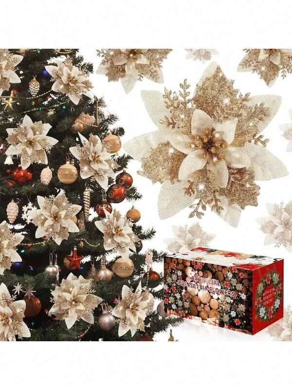 Flores artificiales de Navidad, Flor de Pascua con brillo y rosas con brillo para decoraciones navideñas, flores de Pascua artificiales rojas y doradas para adornos del árbol de Navidad, guirnalda de Navidad, corona de DIY, fiesta festiva, boda, decoración del hogar para Año Nuevo