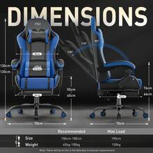 HLDIRECT Gaming Chair With Pocket Spring Cushion, Video Game Chair, Gaming Computer Chair, Ergonomic Chairs For Adults With Headrest And Lumbar Support, Swivel PU Leather Office Chair, Black & Blue - 黑藍色 - 查看 3