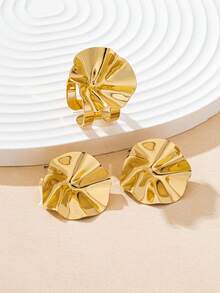 3pcs/Set Punk Style Gold Metal Geometric Pleated Round Pendant Earrings & Ring Set, Suitable For Women's Daily & Party Outfits - Yellow Gold - View 6