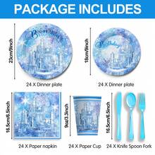 168pcs Frozen Birthday Party Supplies, Disposable Snowflake Paper Plates, Cups, Napkins,Cutlery And Tablecloth For Christmas Winter Wonderland Frozen Birthday Party Decorations Serves 24 - Đông lạnh - Xem 5